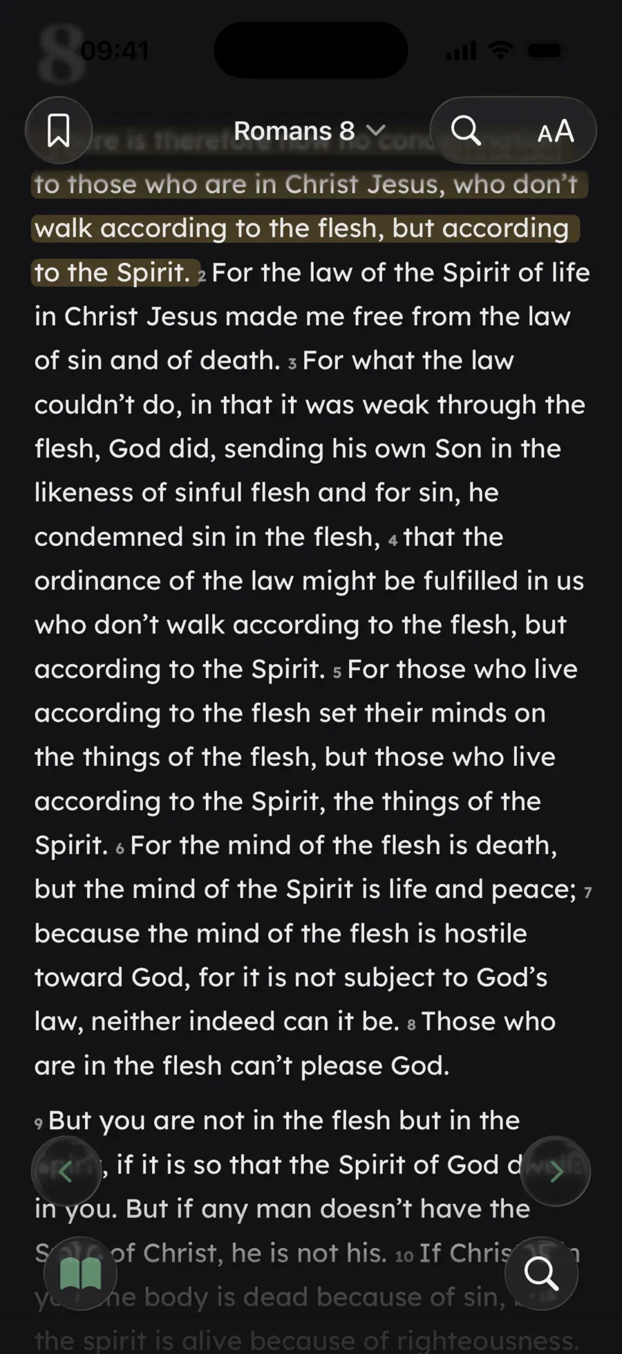 Berea open on Romans 8 in dark mode, scrolled so that verse 1 — “There is therefore now no condemnation to those who are in Christ Jesus” — sits marked in a gold highlighter beneath the chapter bar.