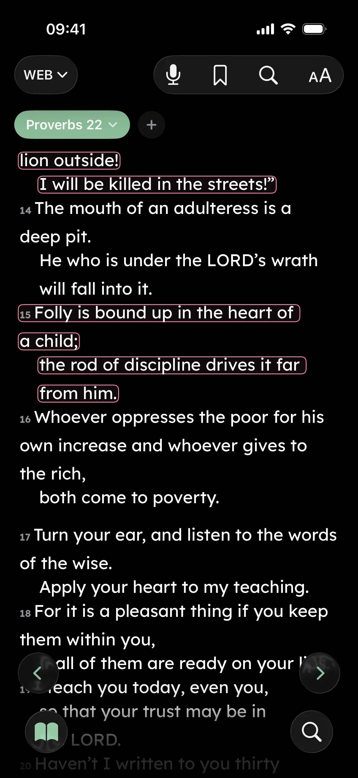 Proverbs 22 in the reader, verses boxed in a pink pen