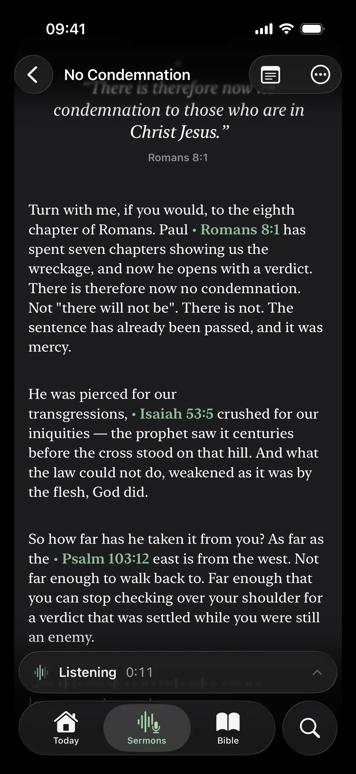 A saved sermon titled No Condemnation, with Romans 8:1, Isaiah 53:5 and Psalm 103:12 marked inside the transcript
