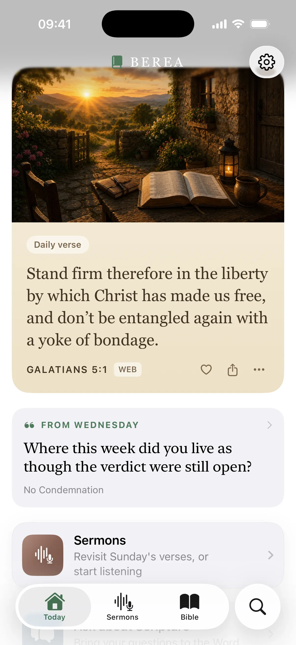 Berea's Today screen: the daily verse, with Sermons, Ask about Scripture and reading plans below